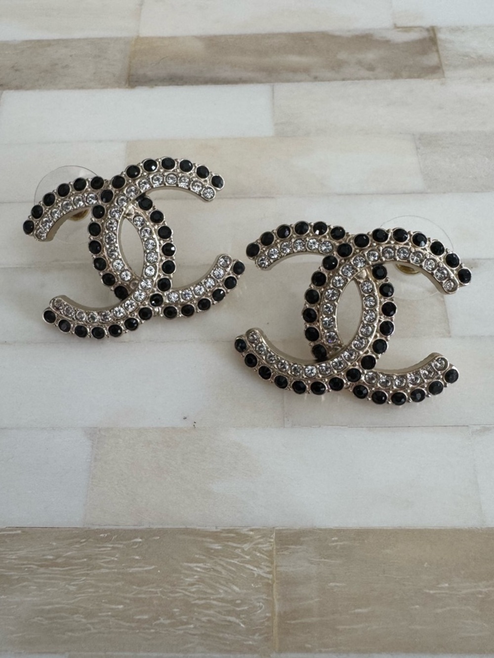 CHANEL Chanel Coco Mark Rhinestone Earrings A22B Gold, Black, Crystal w Tags - Picture 2 of 9